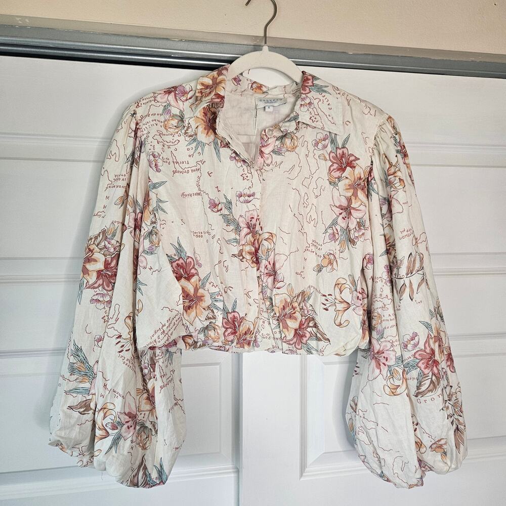 Calypso St Barth Linen Boho Map Floral Cropped Blouse NWT Small - Picture 2 of 8